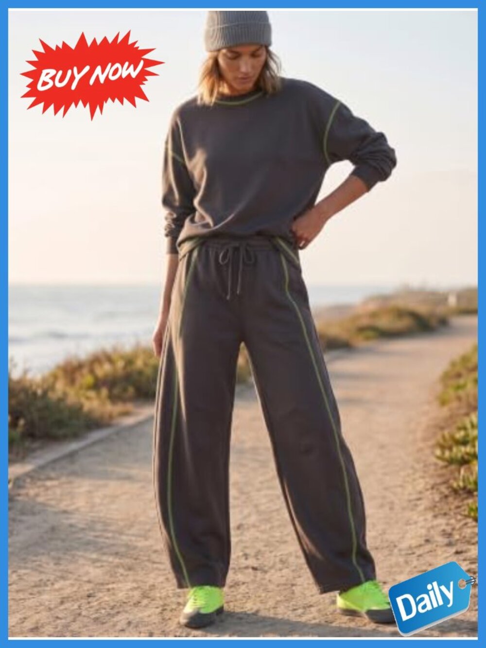 EXLURA Women 2 Piece Cotton Blend Set Side Split Top Barrel Pants Tracksuit - Picture 2 of 6